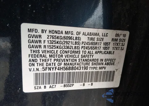 2011 Honda Pilot Ex-L from USA, damaged, VIN 5FNYF4H56BB043190